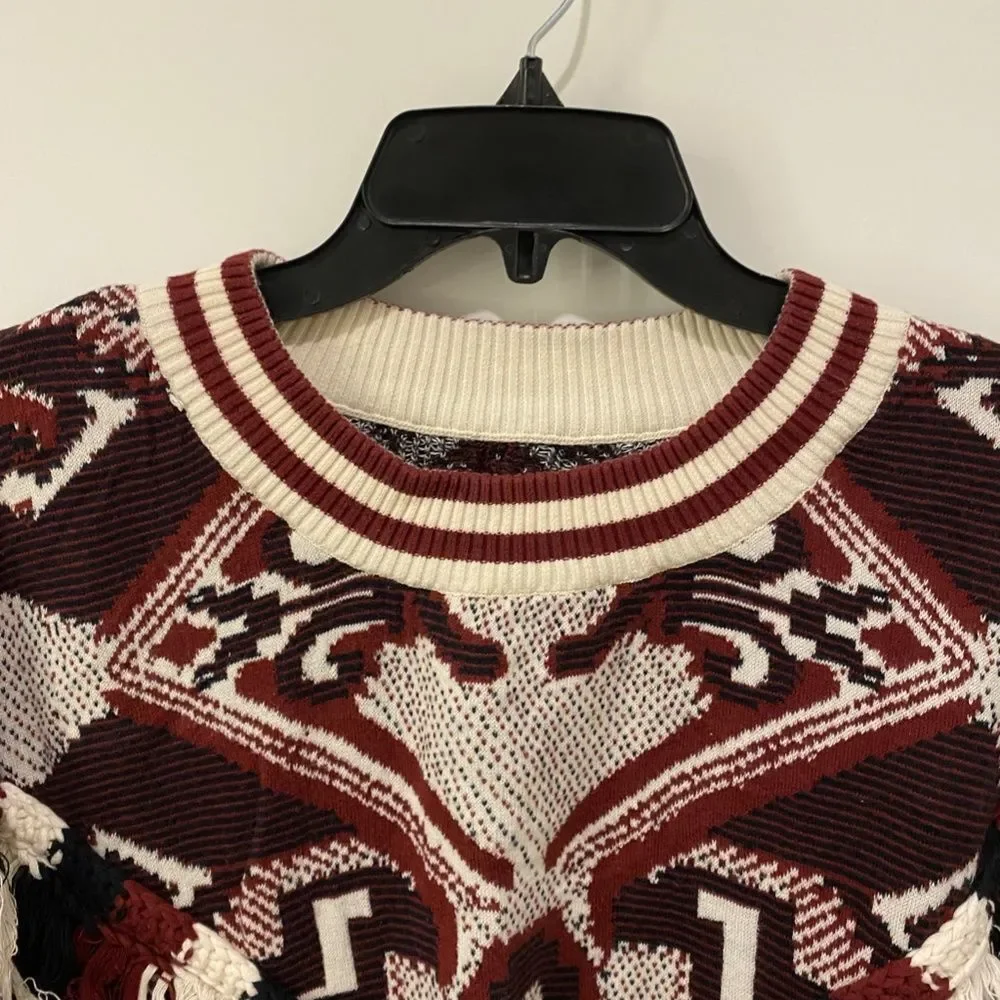 Zara Trafaluc Maroon Cream Aztec Tribal Intarsia Fringe Tassel Sweater Large